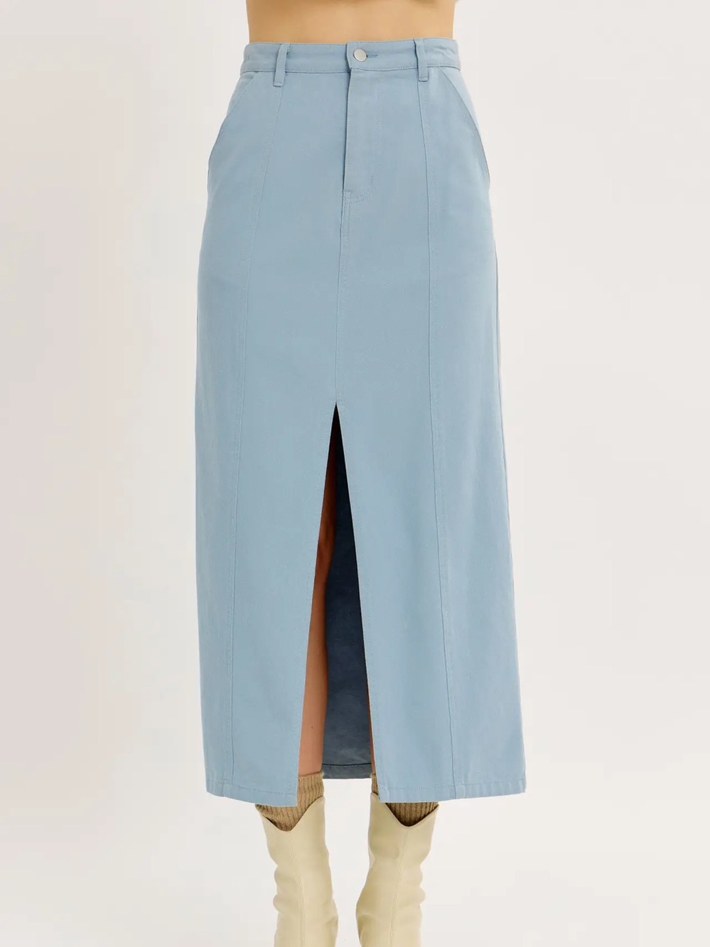 NWT Washed Denim Midi Skirt with Front Slit - Blue
